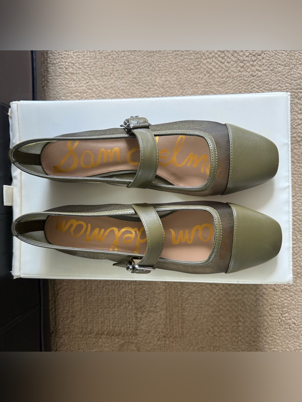 Sam Edelman Miranda Mesh Olive Green Mary Jane Flats with Buckle